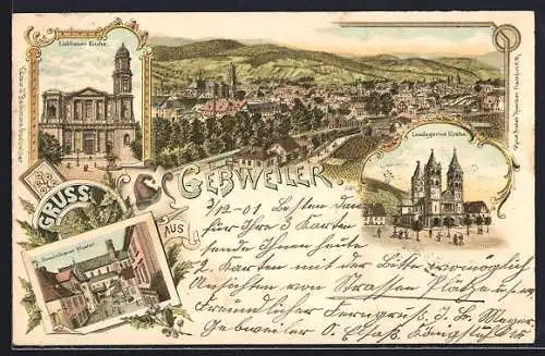 Lithographie Gebweiler, Liebfrauenkirche, Dominikanerkloster und Leodegariuskirche