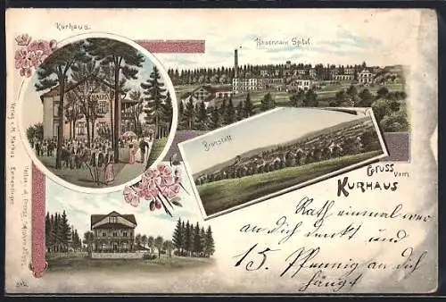 Lithographie Brunstatt, Kurhaus, Hasenrain-Spital und Totalansicht