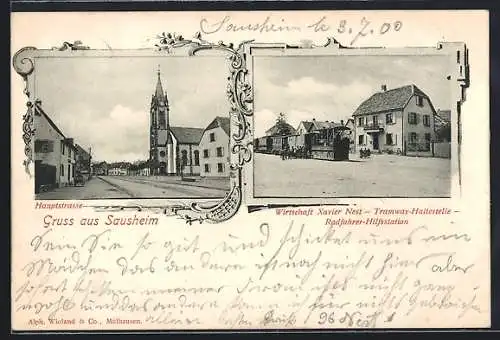 AK Sausheim, Gasthaus Xavier Nest, Partie in der Haupstrasse