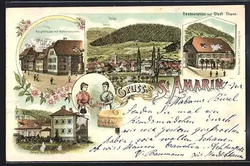 Lithographie St. Amarin, Restaurant zur Stadt Thann, Haupstrasse mit Hahnenbrunnen, Gemeinde- u. Schulhaus