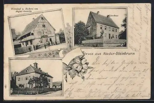 AK Nieder-Steinbrunn, Bäckerei und Gasthaus von August Ketterlin, Pfarrhaus