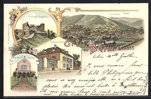 Lithographie Bühl i. Elsass, Hotel Schönstein, Schloss Hugstein, Vorderansicht der Kirche