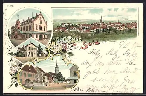 Lithographie Sulz /Ober-Elsass, Gasthaus, Strassenpartie und Marktplatz
