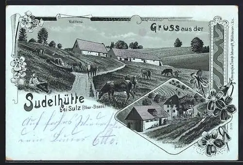 Mondschein-Lithographie Sulz /Ober-Elsass, Gasthof Sudel, Blick zur Sudelhütte