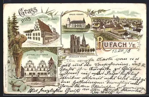 Lithographie Rufach i. E., Schloss Isenburg, Arbogast Kirche, Kaiserl. Landw. Schule