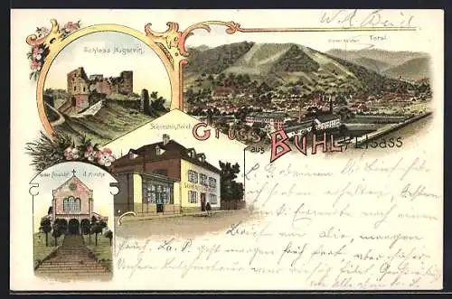 Lithographie Bühl i. Elsass, Hotel Schönstein, Schloss Hugstein, Vorderansicht der Kirche