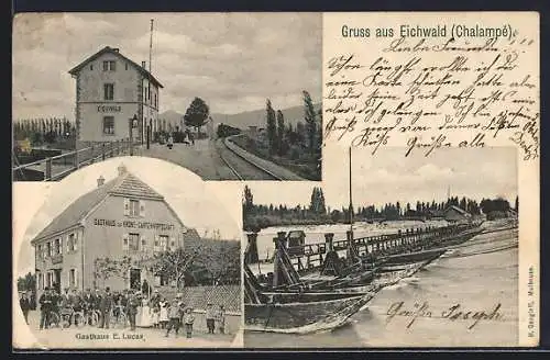 AK Eichwald /Chalampé, Gasthaus zur Krone, Bes. E. Lucas, Partie am Bahnhof