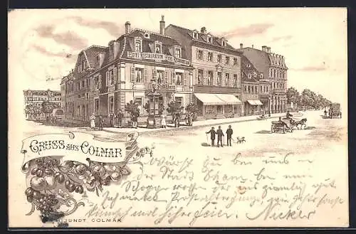 Lithographie Colmar, Hotel Restaurant Stadt Thann mit Strassenpartie