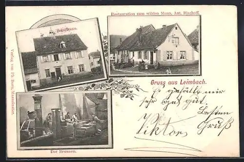 AK Leimbach, Restaurant zum wilden Mann, Inh. Ant. Bischoff, Schulhaus, Brunnen