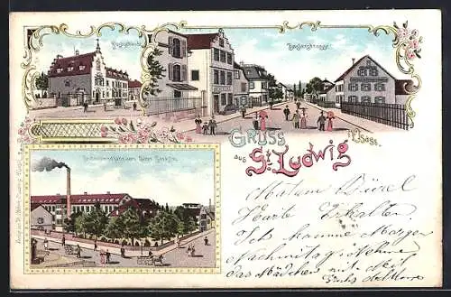Lithographie St. Ludwig, Postgebäude, Baslerstrasse, Seidenbandfabriken Gebr. Sarasin