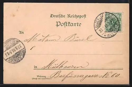 Lithographie St. Ludwig, Postgebäude, Baslerstrasse, Seidenbandfabriken Gebr. Sarasin