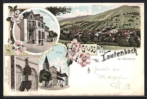 Lithographie Lautenbach bei Gebweiler, Gasthaus zum Engel, Kirche, Kanzel in der Kirche