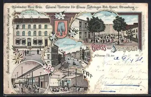 Lithographie Mülhausen i. El., Gasthof Spatenbräu, Inh. Leop. Graf., Colmarerstrasse