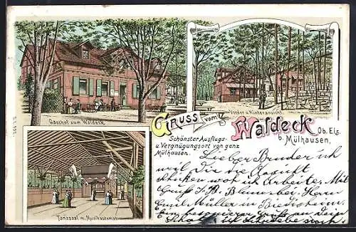 Lithographie Mülhausen /Ob. Els., Gasthof zum Waldeck, Tanzsaal m. Musikautomat