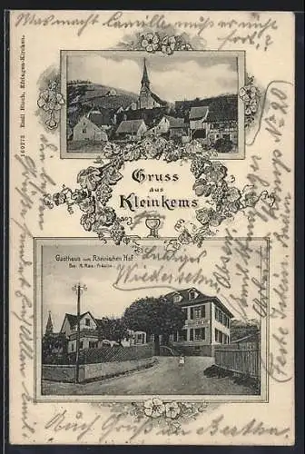 AK Kembs, Kleinkems, Gasthaus zum Rheinischen Hof, Bes. R. Rais-Fräulin, Kirche