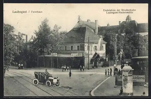 AK Dresden-Laubegast, Restaurant zum Forsthaus, Endstation der Strassenbahn Laubegast-Niedersedlitz