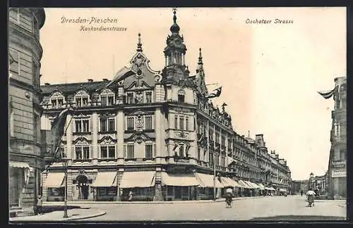 AK Dresden-Pieschen, Konkordienstrasse und Oschatzer Strasse mit Lederwaren-Geschäft