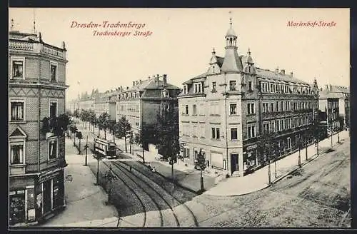 AK Dresden-Trachenberge, Trachenberger Strasse und Marienhof-Strasse mit Strassenbahn
