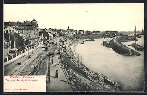 AK Dresden-Pieschen, Leipziger-Strasse und Winterhafen