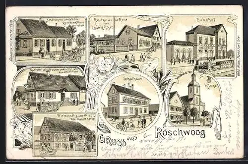 Lithographie Röschwoog, Gasthaus zu den zwei Schlüsseln, Gasthaus zum Hirsch von Theodor Merkel, Bahnhof, Schule
