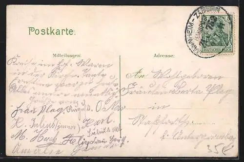 Lithographie Röschwoog, Gasthaus zu den zwei Schlüsseln, Gasthaus zum Hirsch von Theodor Merkel, Bahnhof, Schule