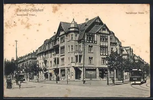 AK Dresden-Pieschen, Grossenhainer Strasse, Trachenberger Strasse, Strassenbahn