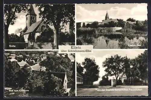 AK Klietz über Schönhause, Kirche, Klietzer See, Platz der Deutsch-Sowjetischen Freundschaft, Blick vom Kirchturm