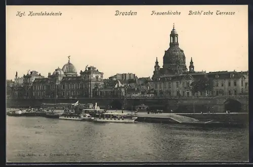 AK Dresden, Kgl. Kunstakademie, Frauenkirche, Brühl`sche Terrasse