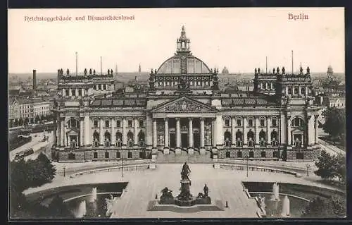 AK Berlin, Reichstagsgebäude und Bismarckdenkmal