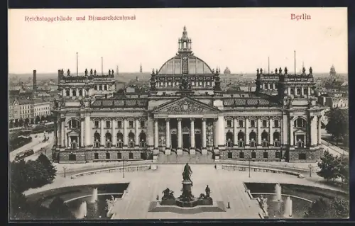 AK Berlin, Reichstagsgebäude und Bismarckdenkmal