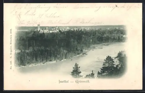AK Grünwald /Isartal, Flusspartie mit Blick auf den Ort