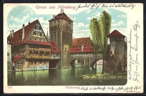 Lithographie Nürnberg, Flusspartie mit Henkersteg