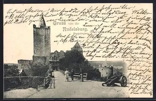 AK Rudelsburg, Burgeingang mit Passanten