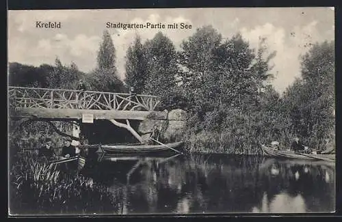 AK Krefeld, Stadtgarten-Partie mit See