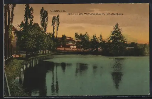 AK Grüna i. S., Partie an der Wiesenmühle mit Schützenhaus