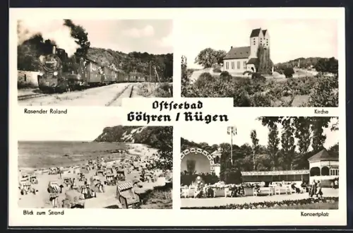 AK Göhren /Rügen, Rasender Roland, Kirche, Konzertplatz, Strand