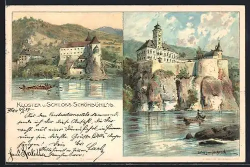 Künstler-AK Schönbühel an der Donau, Kloster und Schloss vom Wasser aus