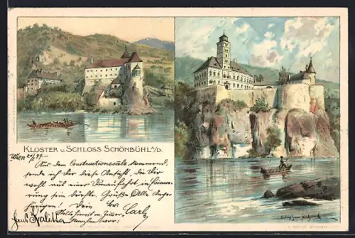 Künstler-AK Schönbühel an der Donau, Kloster und Schloss vom Wasser aus