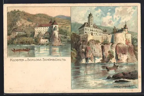 Künstler-AK Schönbühel an der Donau, Kloster und Schloss vom Wasser aus