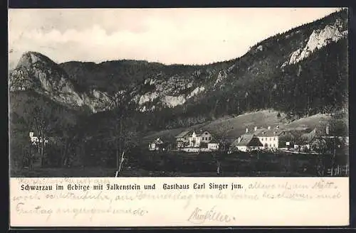 AK Schwarzau im Gebirge, Gasthaus Carl Singer jun., Ortsansicht mit Falkenstein