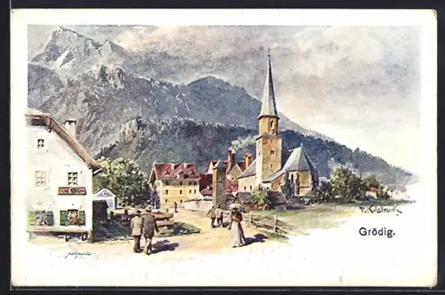 Künstler-AK Franz Kulstrunk: Grödig mit Kirche
