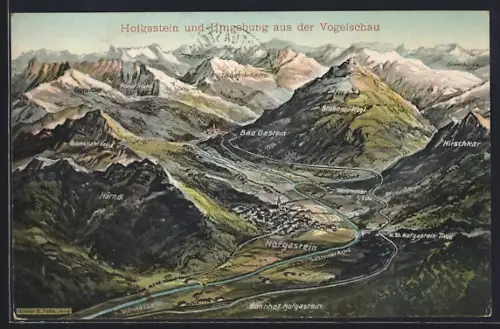 Künstler-AK Eugen Felle: Hofgastein und Umgebung aus der Vogelschau, Landkarte