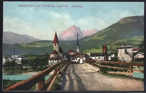 AK Bischofshofen, Teilansicht mit Kirchen, Brücke und dem Hochkönig