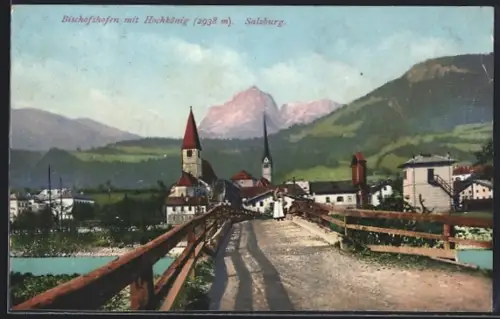 AK Bischofshofen, Teilansicht mit Kirchen, Brücke und dem Hochkönig