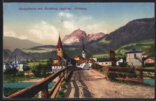 AK Bischofshofen, Teilansicht mit Kirchen, Brücke und dem Hochkönig