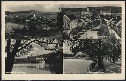 AK Litschau, Stadtplatz, Teichpromenade, Herrenteich mit Burg
