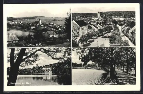 AK Litschau, Stadtplatz, Herrenteich mit Burg