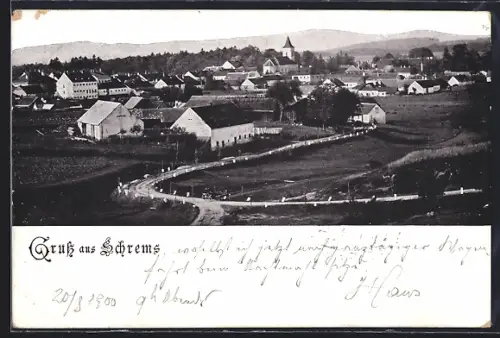 AK Schrems /N.-Oe., Teilansicht mit Kirche und Strassenpartie
