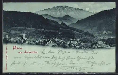 Mondschein-AK Scheibbs, Teilansicht mit Bergen