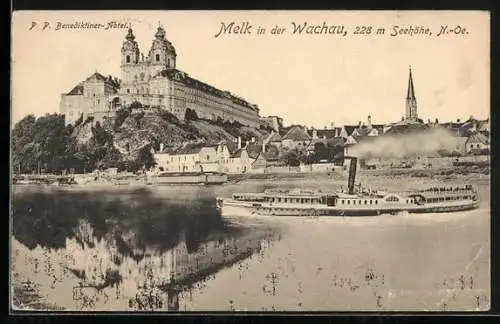 AK Melk in der Wachau, P. P. Benediktiner-Abtei mit Dampfer
